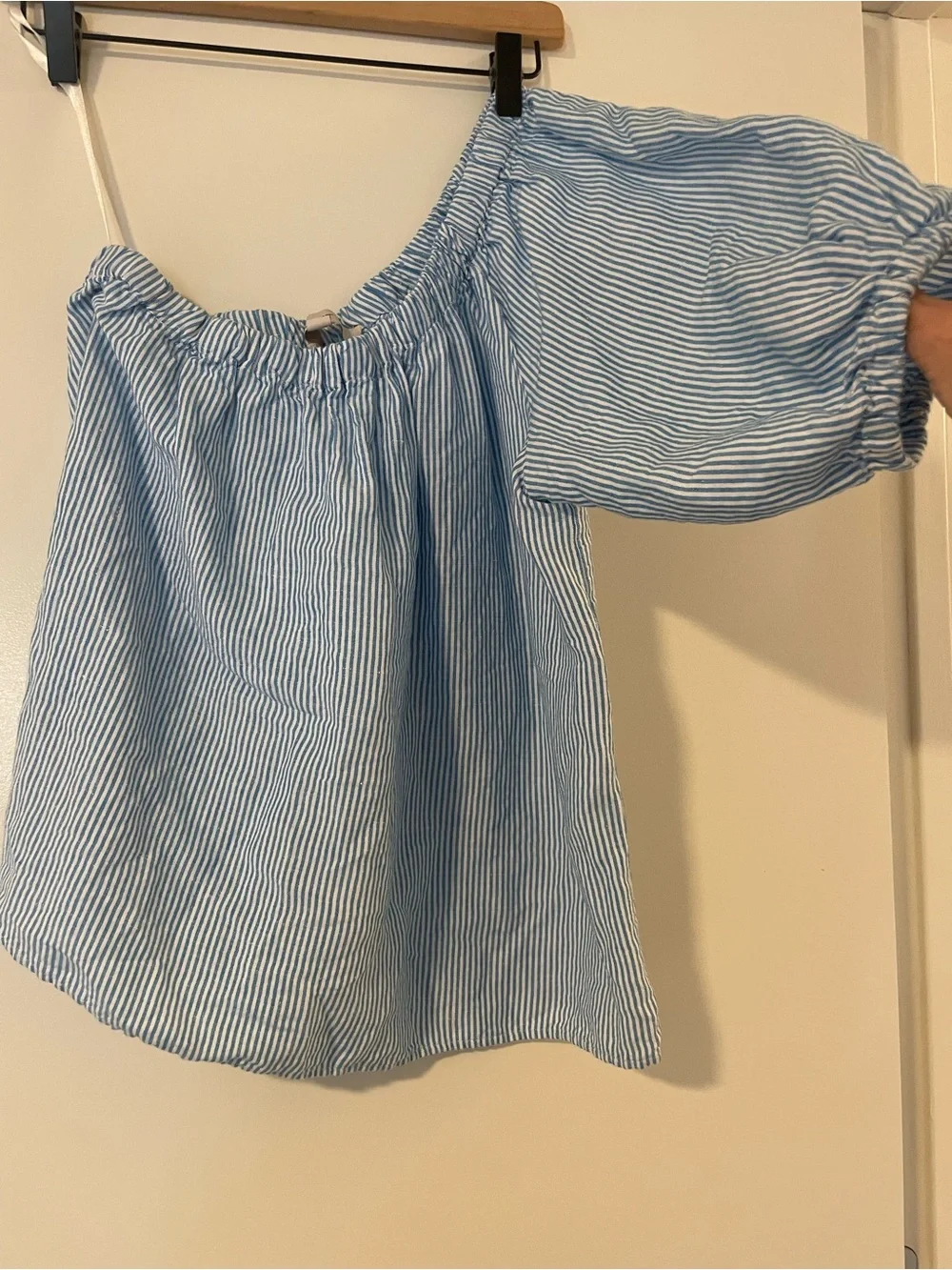 LOFT Light Blue and White Striped Off-Shoulder Top